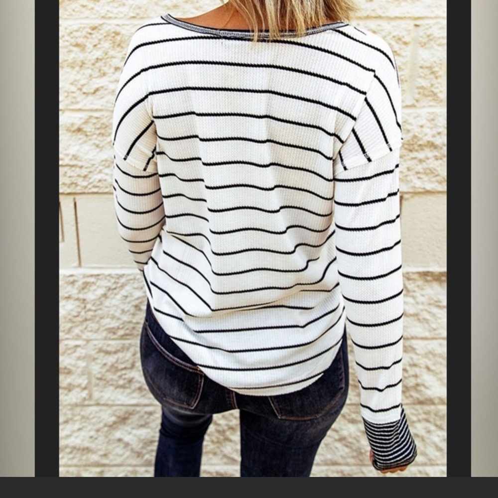 #25 Henley White & Navy Waffle Weave L.S. Top - Picture 2 of 12
